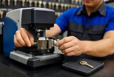 Chaveiro produzindo cópias de chaves com máquina de duplicação em Colombo.
