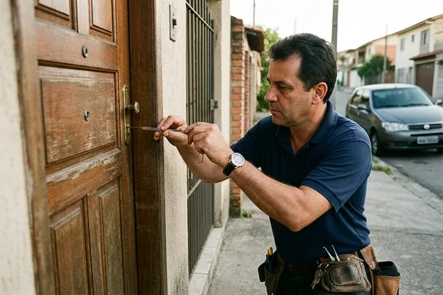 Chaveiro realizando a abertura de uma porta em Colombo, com foco no serviço prestado.