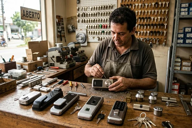 Diversas fechaduras modernas em uma mesa, simbolizando segurança em Colombo.